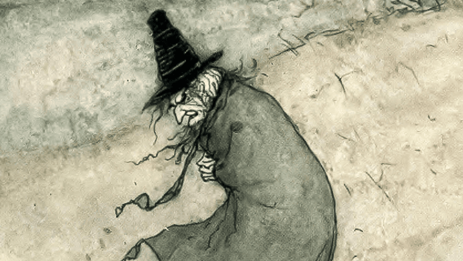 Ilustración de una bruja con una capa larga y un sombrero puntiagudo negro, con un pequeño gato negro a su lado.