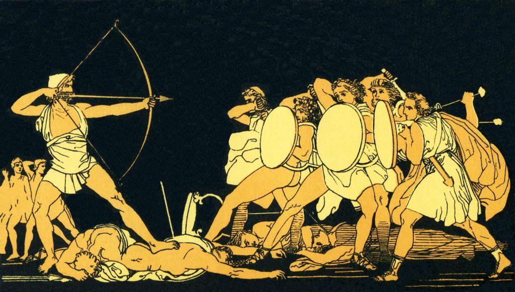 Ilustración de 1883 que muestra a Homero matando a los pretendientes de Penélope
