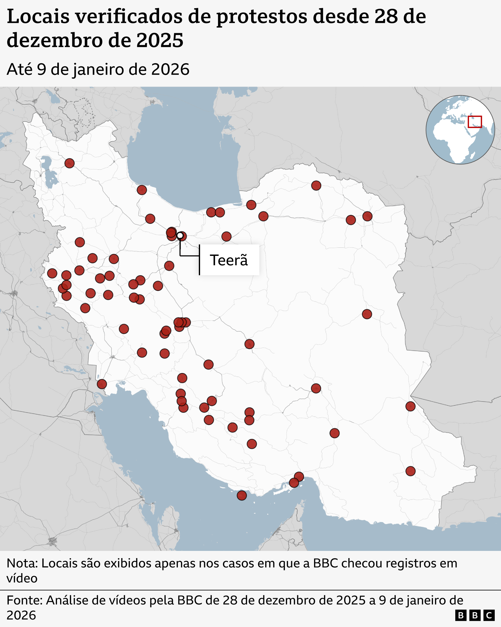 Imagem mostra mapa do Ir&atilde; e pontos vermelhos indicam locais de protesto