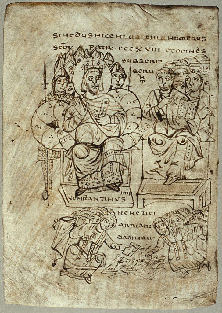 رسم للإمبراطور قسطنطين يحرق الكتب الآريوسية في مجمع نيقية الأول 