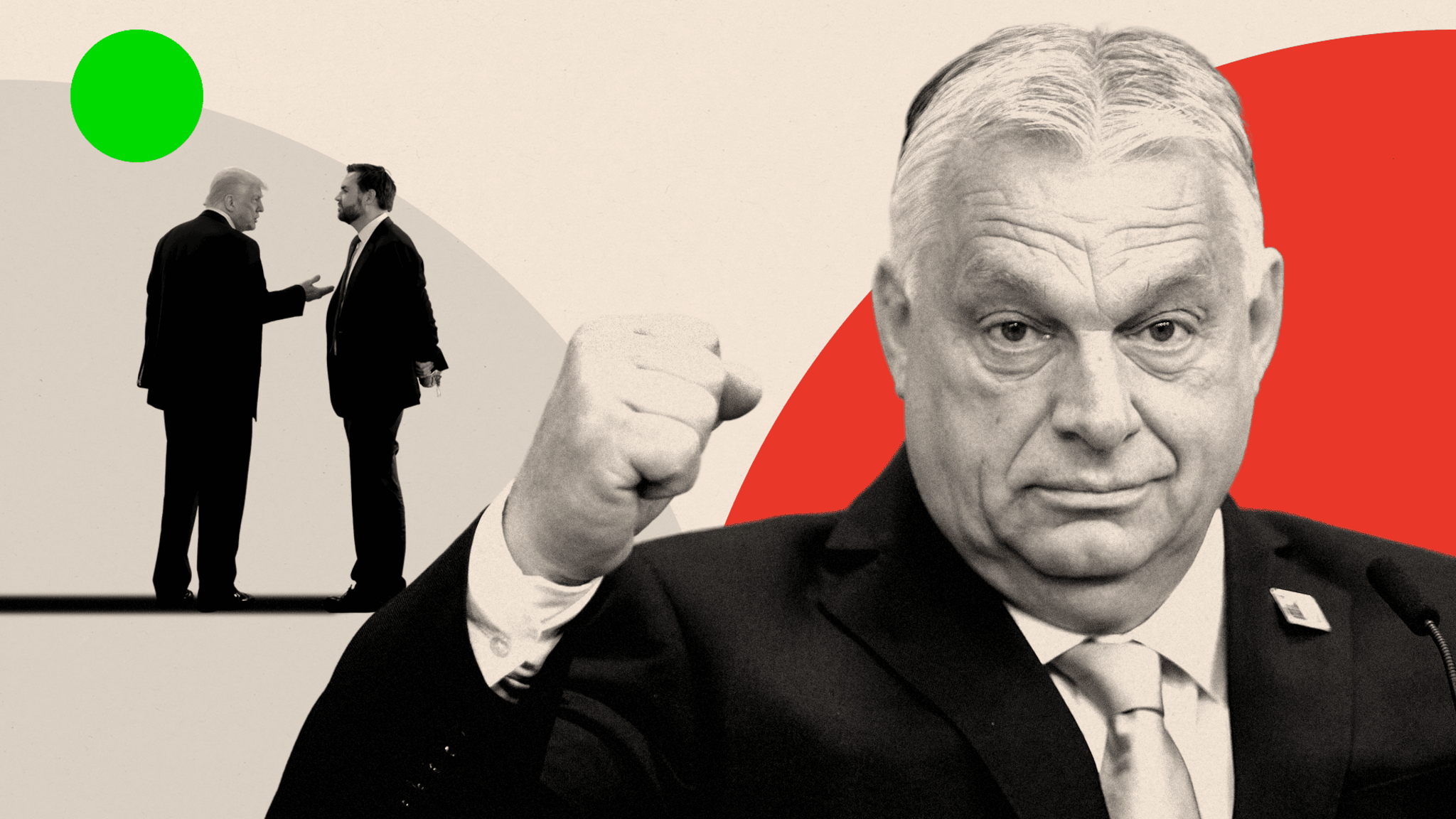 Ilustración de Viktor Orbán mostrando el puño con Donald Trump y JD Vance en el fondo