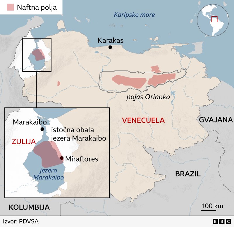 Mapa koja prikazuje jezero Marakaibo na severoistoku Venecuele, pored Karipskog mora. Rezerve nafte su označene ispod jezera i u pojasu Orinoko u Venecueli na istoku. Država Zulija je označena oko većeg dela jezera. Susedne zemlje su takođe označene - Gvajana na istoku, Brazil na jugu i Kolumbija na zapadu.