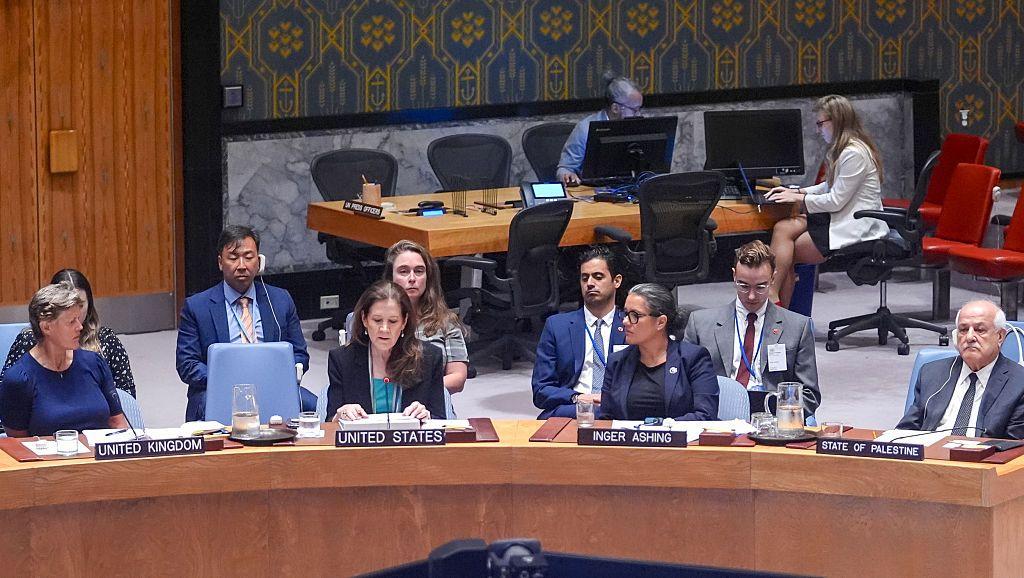 السفيرة دوروثي سي. شيا، القائمة بأعمال مندوب الولايات المتحدة لدى الأمم المتحدة، تُلقي كلمةً في اجتماعٍ لمجلس الأمن التابع للأمم المتحدة بشأن الصراع الإسرائيلي الفلسطيني في مقر الأمم المتحدة بمدينة نيويورك،