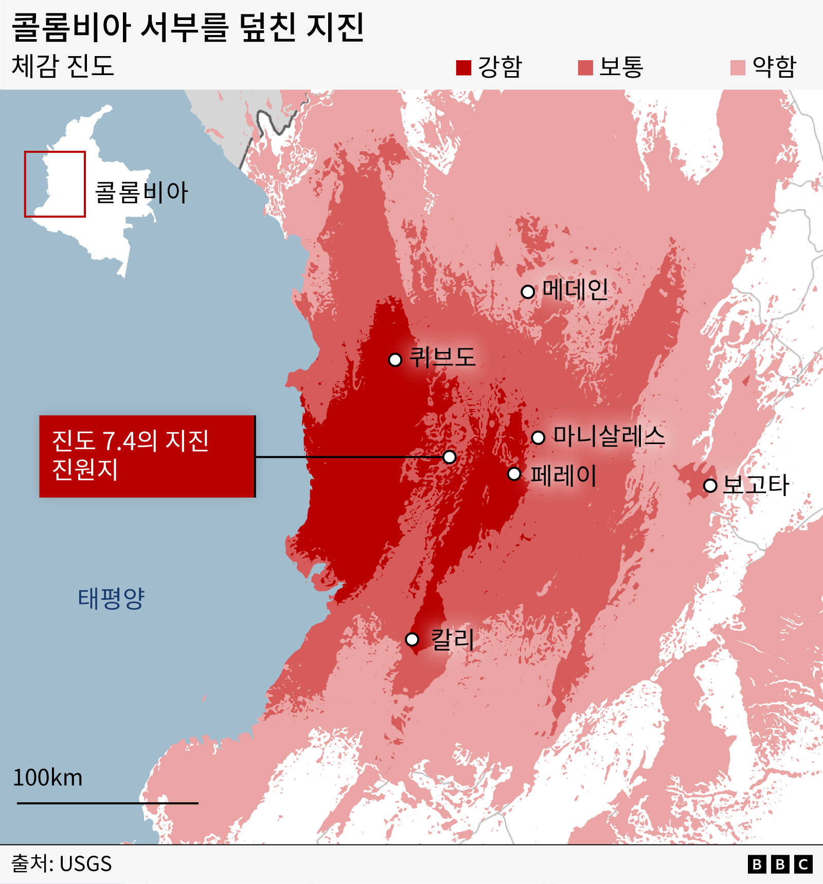 진도 7.4의 지진이 발생한 진원지와 주변 주요 도시 및 체감 진동 정도를 표시한 지도