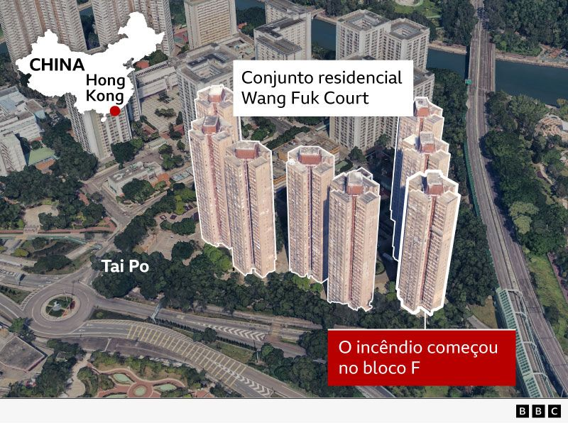 O fogo teve início em Wang Fuk Court, um grande conjunto residencial no distrito de Tai Po, em Hong Kong, às 14h51 de quarta-feira (26/11) no horário local