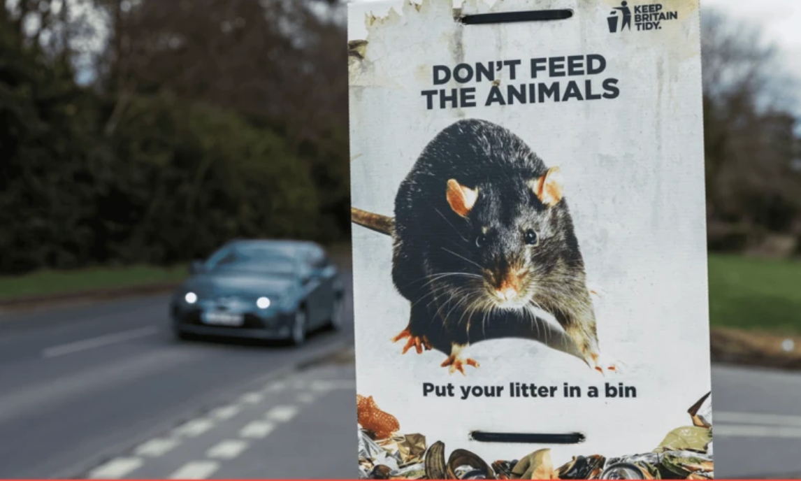 Uma placa avisando para não alimentar animais, com a imagem de um rato. 