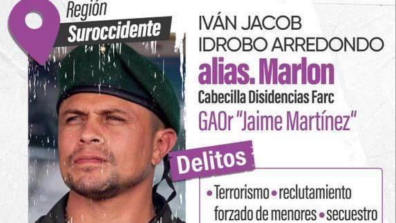 Recompensa por alias Marlon del Ministerio de Defensa colombiano. 