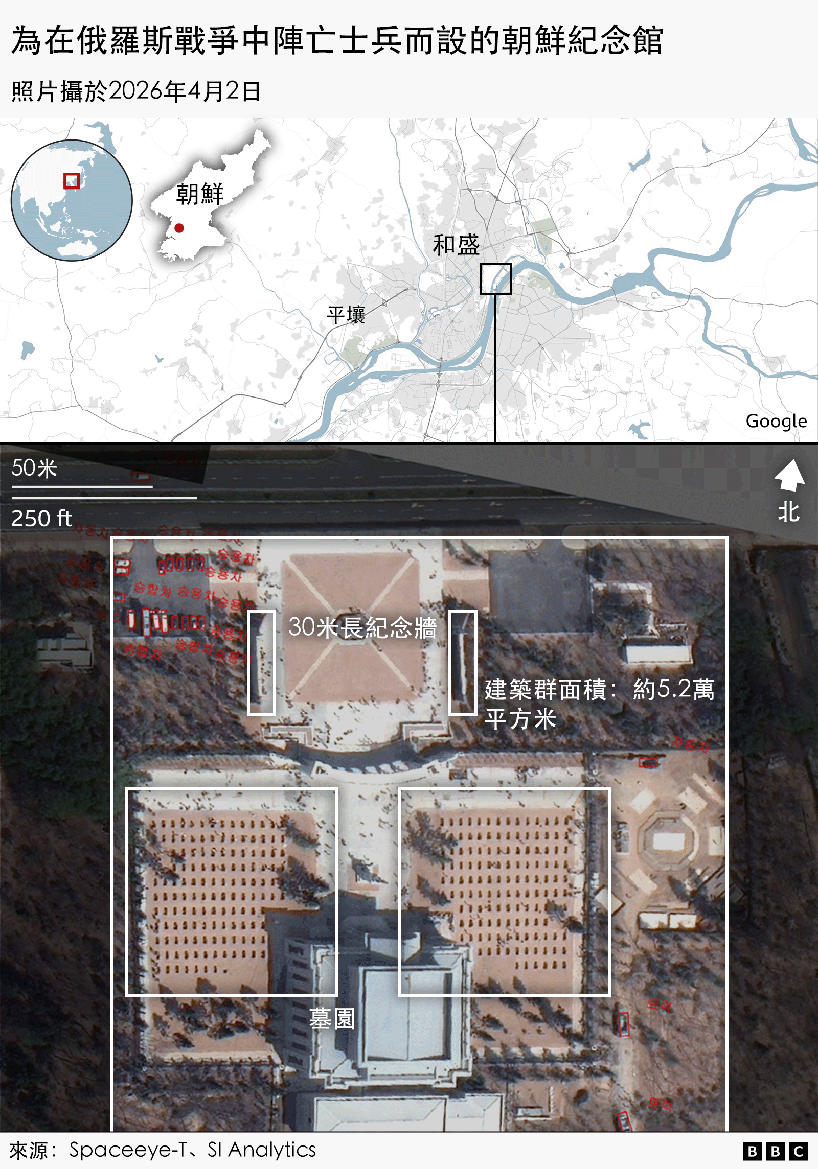 上方圖片是一幅地圖，顯示博物館位於平壤和盛區域。下方圖片以鳥瞰角度顯示這個5.2萬平方米的紀念建築群。頂部以兩個方框標出兩面30米長的牆。墓園分為兩邊，每邊形成一個大方形。