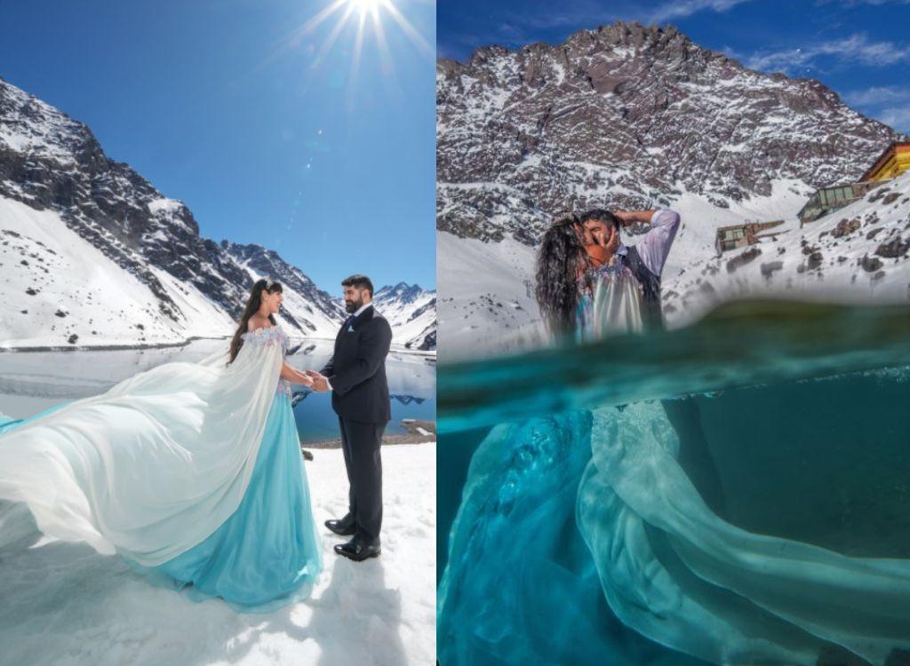 La pareja el día de su boda, sobre la nieve y metida en la laguna
