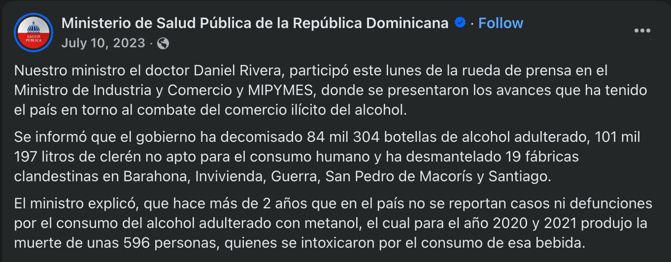 Publicação em Facebook do Ministério da Saúde da República Dominicana