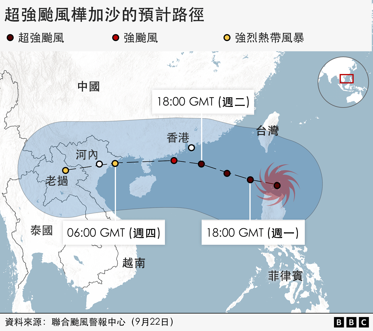 圖表顯示超強颱風「樺加沙」的預計路徑