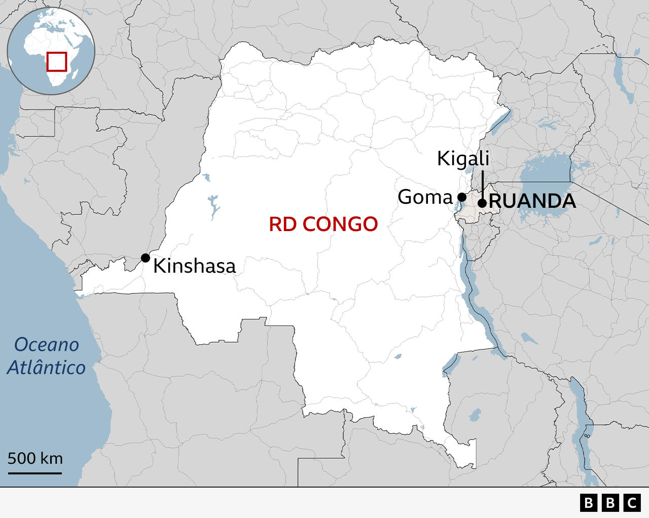 Mapa da República Democrática do Congo e sua localização no continente africano, mostrando a cidade de Goma