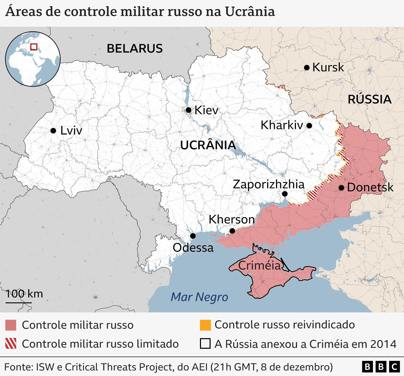 Mapa das áreas de controle militar russo na Ucrânia