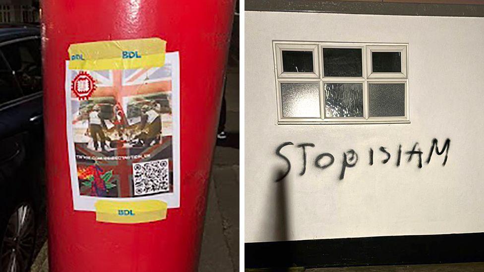 Rusija stoji iza paljenja imovine britanskog premijera: BBC istraga 4 Kombinovana slika prikazuje crveni poštanski sandučić sa zalepljenim posterom koji reklamira organizaciju Direct Action UK i njene kanale na društvenim mrežama, sa zastavama Unije i slikama nereda. Druga slika prikazuje zid na kojem je neko ispisao sprejom „Stop islamu“.