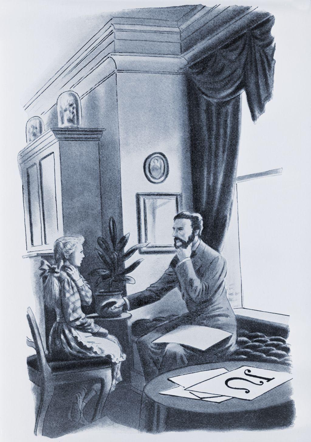 Litografía que muestra a Bell y una niña sentados uno frente al otro, ambos con las manos en la garganta.