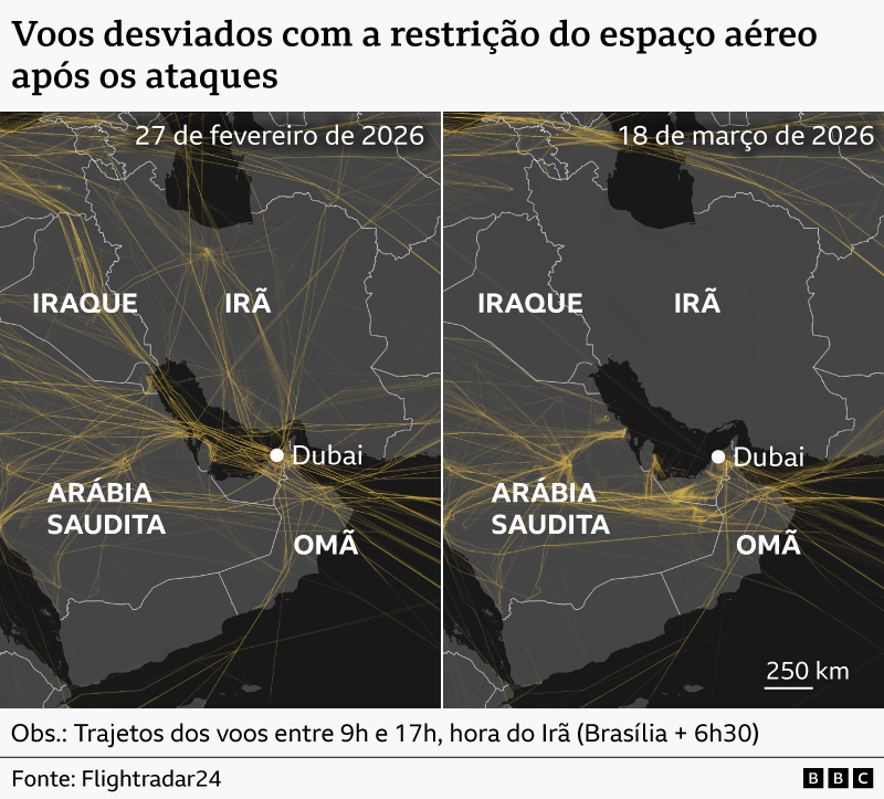 Mapa mostrando os desvios dos voos com as restri&ccedil;&otilde;es impostas ao espa&ccedil;o a&eacute;reo ap&oacute;s os ataques ao Ir&atilde;
