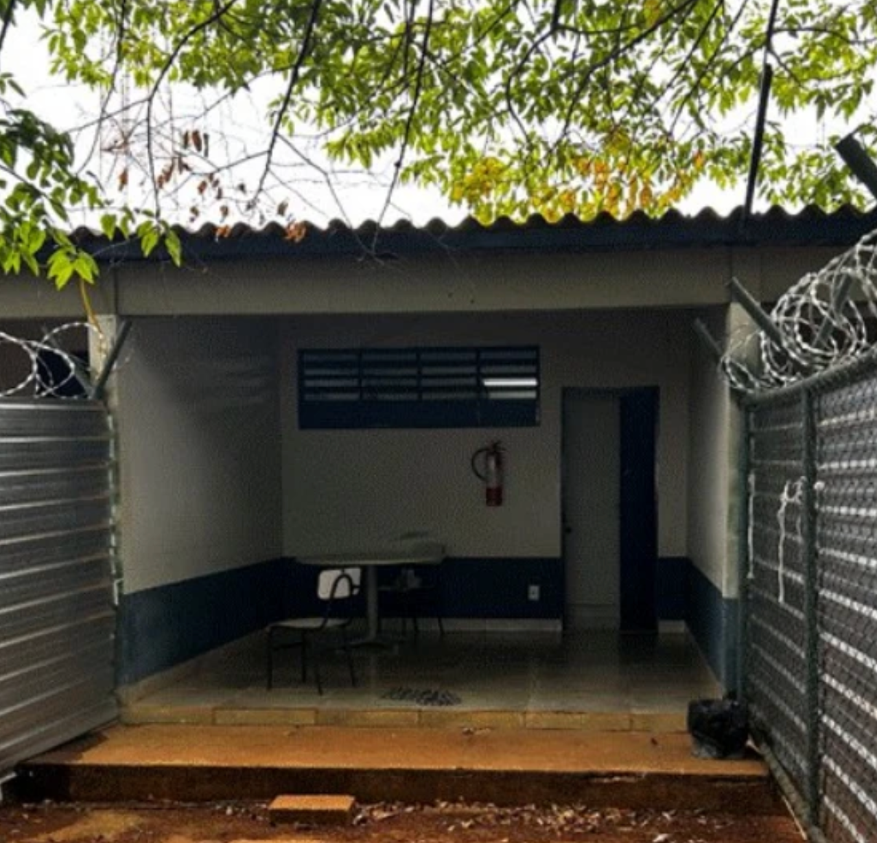 Imagem mostra &aacute;rea descoberta, com galhos de &aacute;rvores e fundos de uma cela localizada em pres&iacute;dio conhecido como Papudinha. H&aacute; muros de zinco e cerca de arame farpado