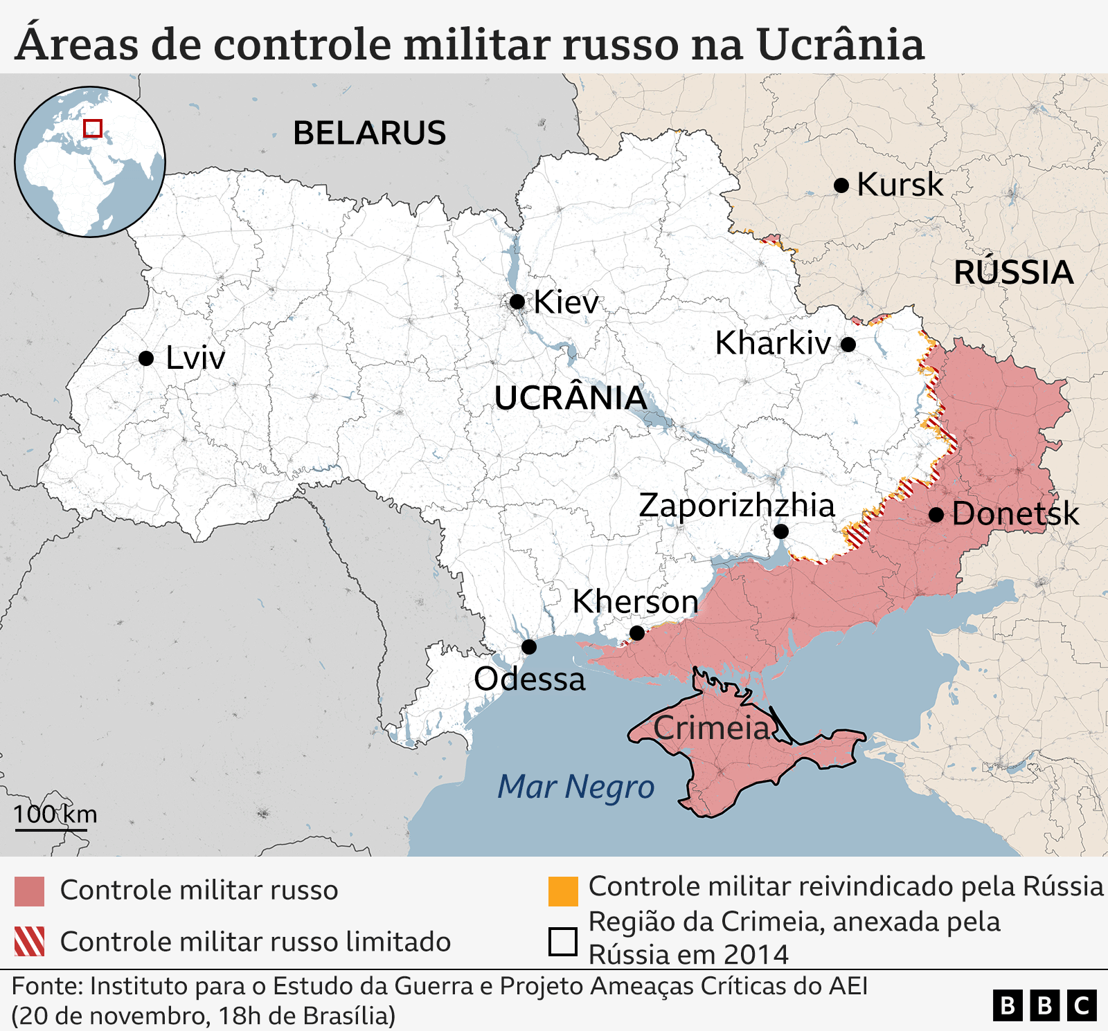 Mapa mostrando as áreas de controle militar russo na Ucrânia