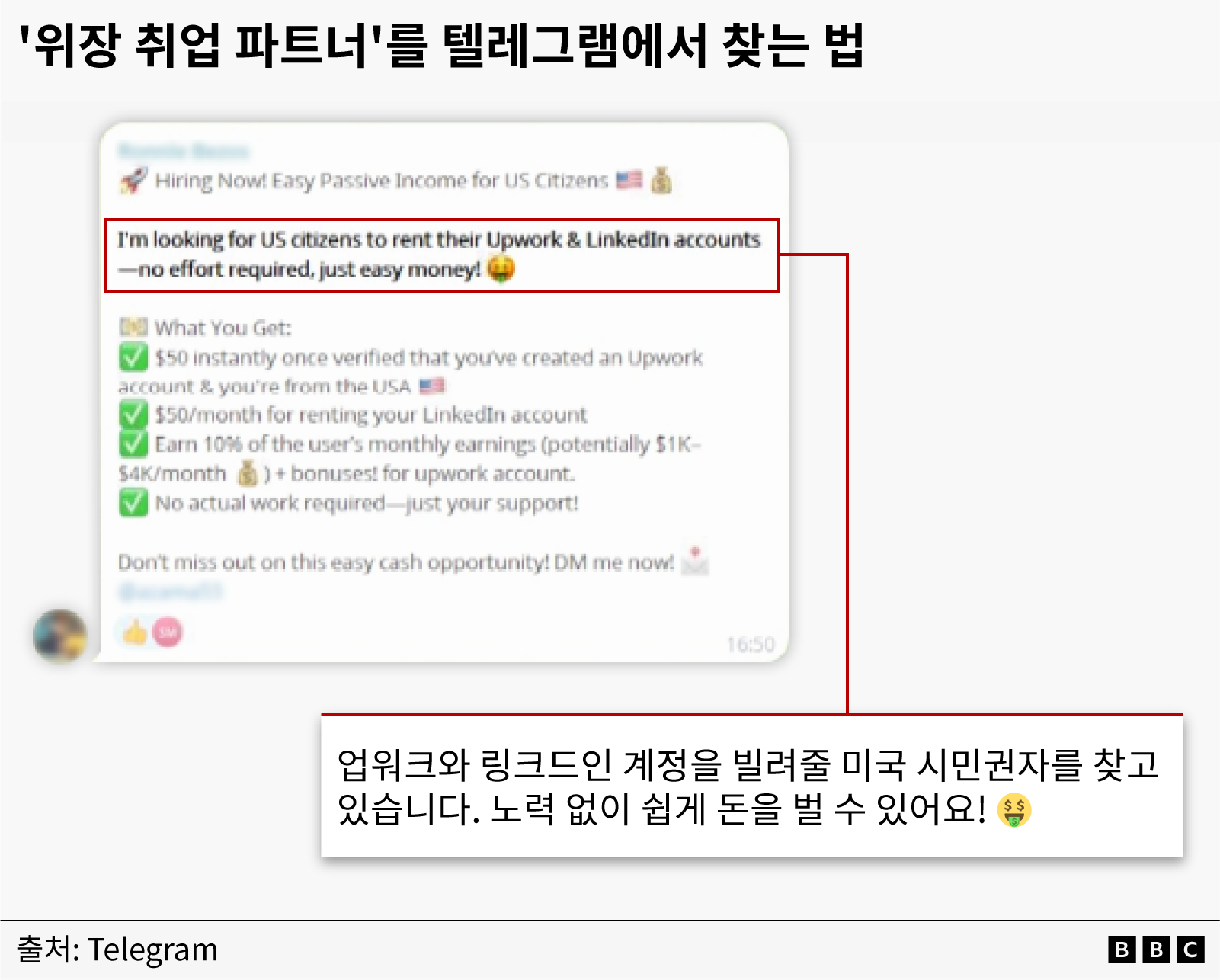 북한 위장 취업자로 추정되는 사람이 텔레그램에서 '업워크와 링크드인 계정을 빌려줄 미국 시민권자를 찾고 있다'는 게시글을 올렸다. 