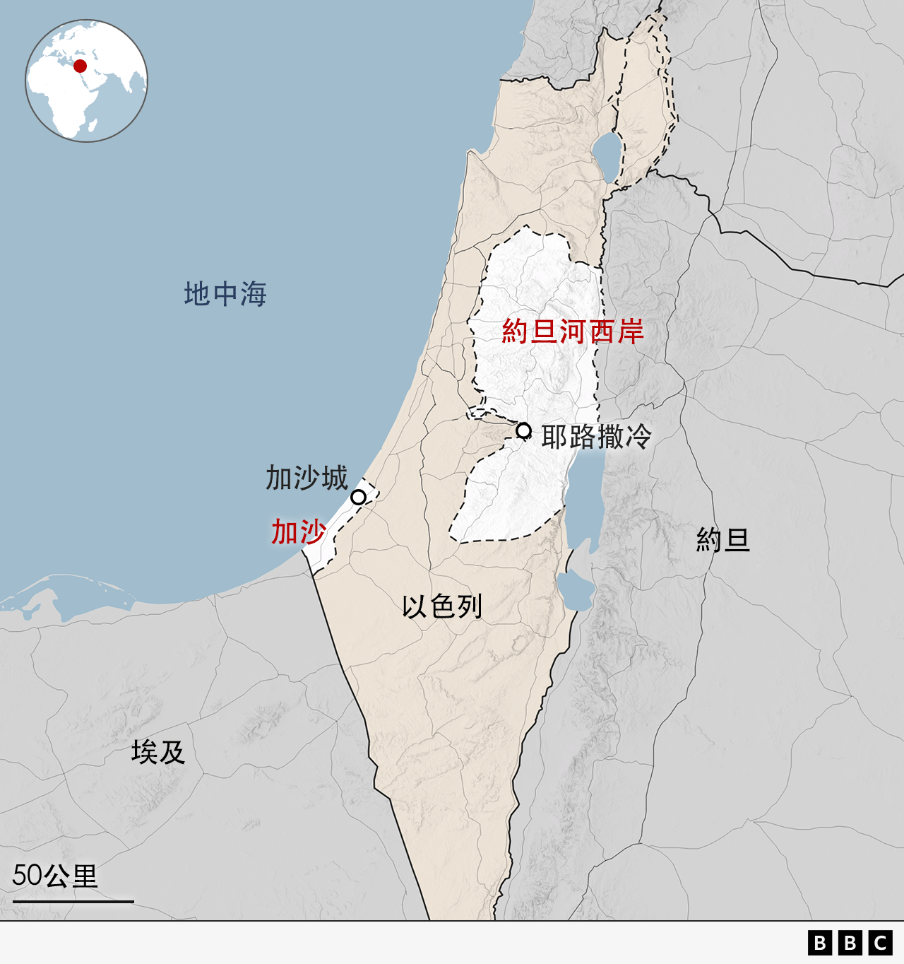 以色列、西岸、加沙和周邊國家的地圖