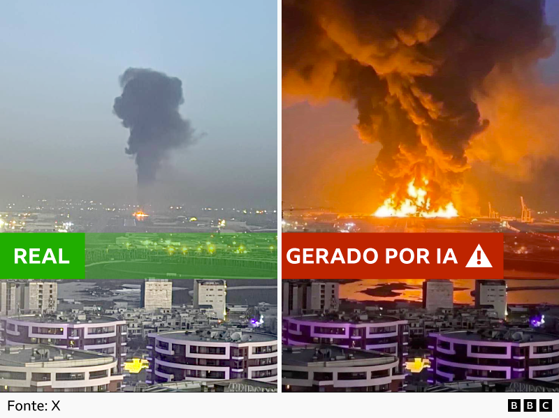 A imagem real mostrando uma coluna de fuma&ccedil;a ao lado da imagem falsa que parece mostrar uma grande explos&atilde;o