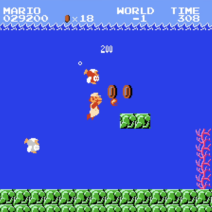 Cena de Super Mario Bros no mundo aquático conhecido como Minus World