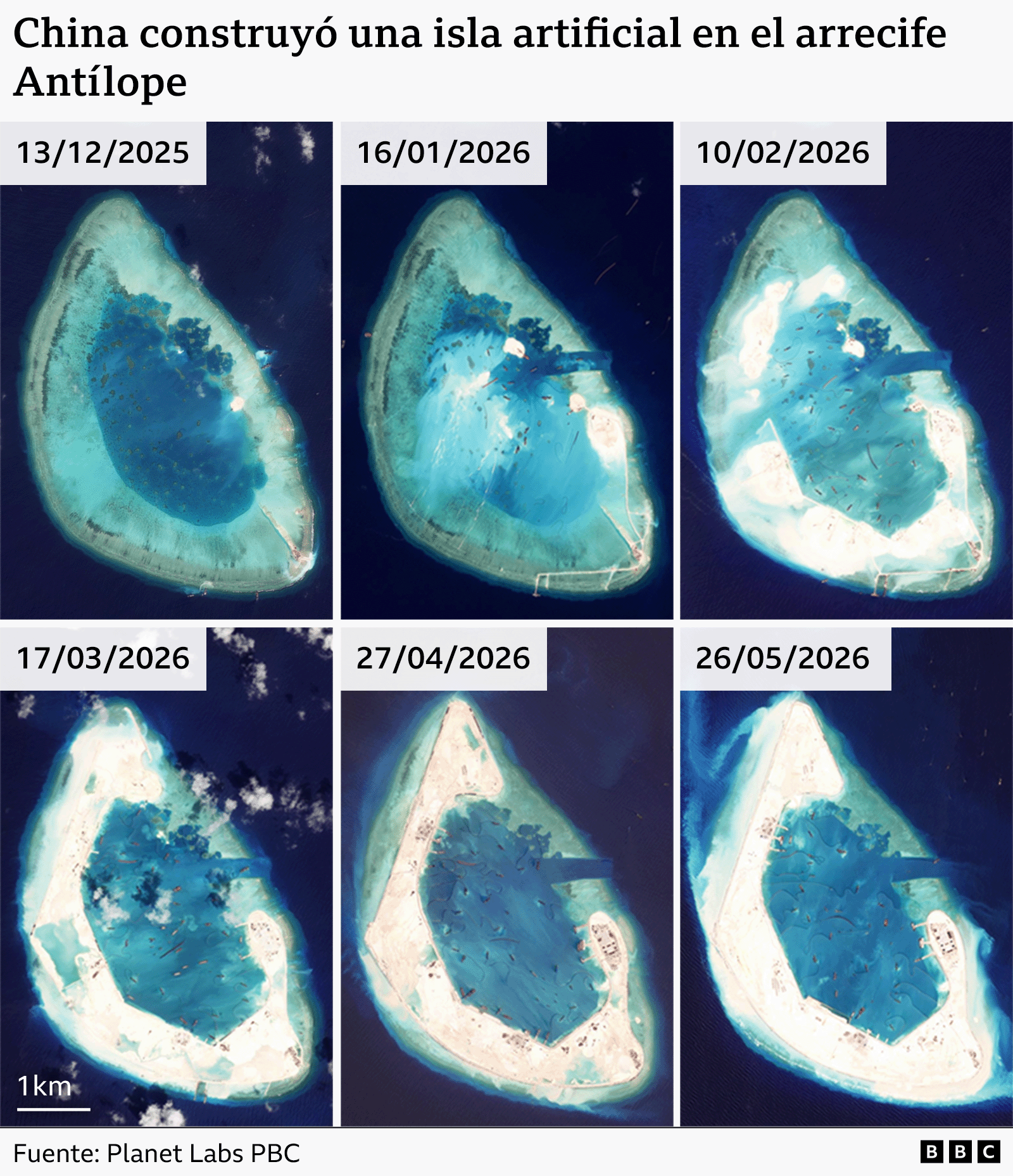 Imágenes satelitales del arrecife Antílope documentan la expansión del terreno en los últimos meses.