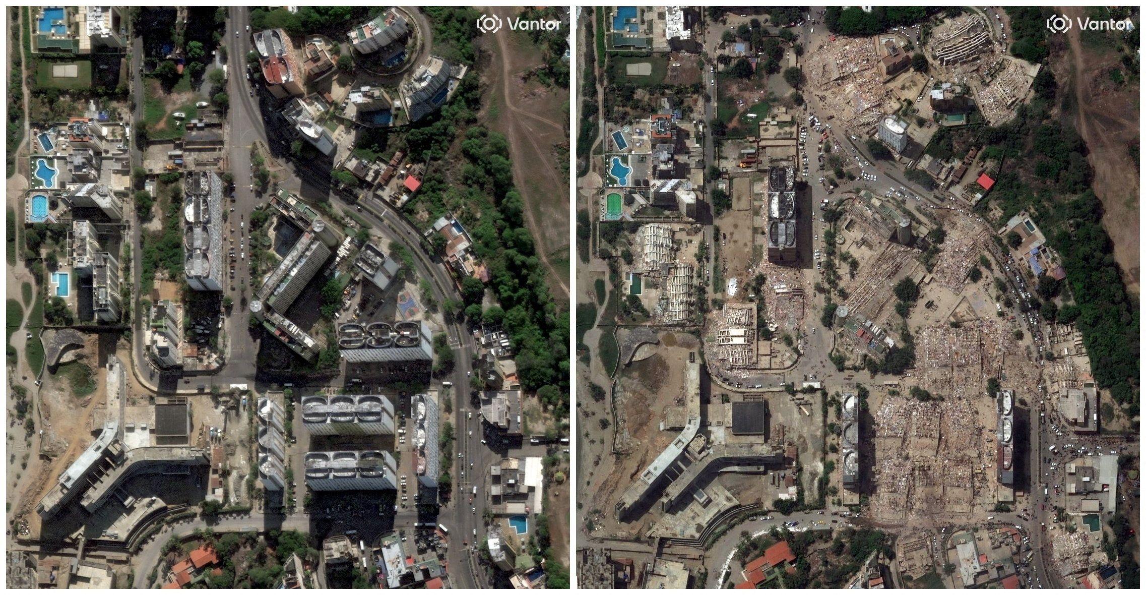 La imagen de la izquierda muestra un área de Caraballeda el 28 de diciembre de 2025. La imagen de la derecha muestra la misma zona el 26 de junio de 2026, dos días después de los terremotos, en la que se ven varios edificios derrumbados.