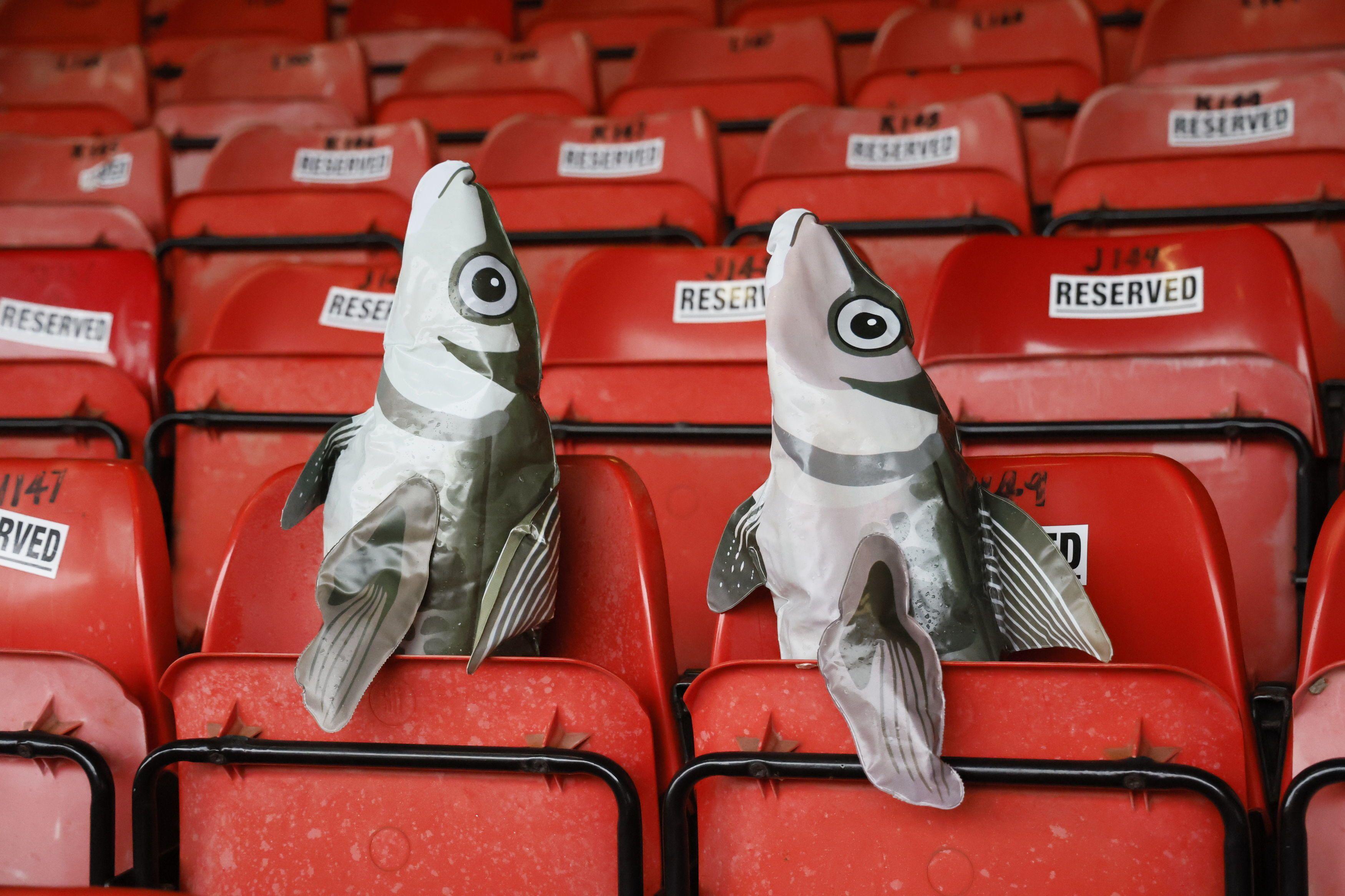 ribe na naduvavanje na stolicama na tribini fudbalskog stadiona