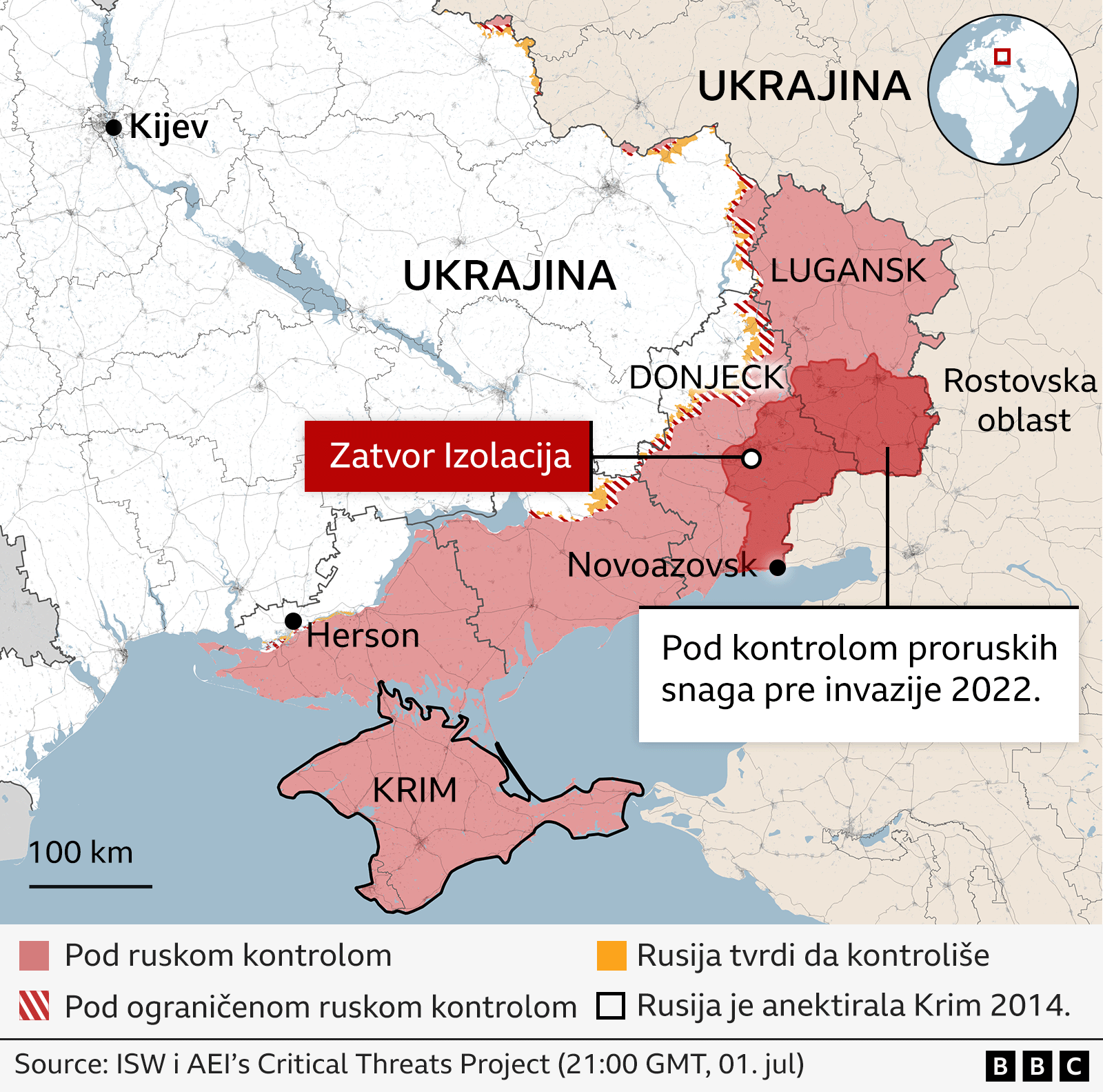 BBC razotkrio čuvare i zvaničnike ruskih 'zatvora za mučenje' u Ukrajini 3 Mapa Ukrajine gde su naznačene oblasti pod ruskom kontrolom, njenom delimičnom, kao i gde je lokacija zatvora Izolacija