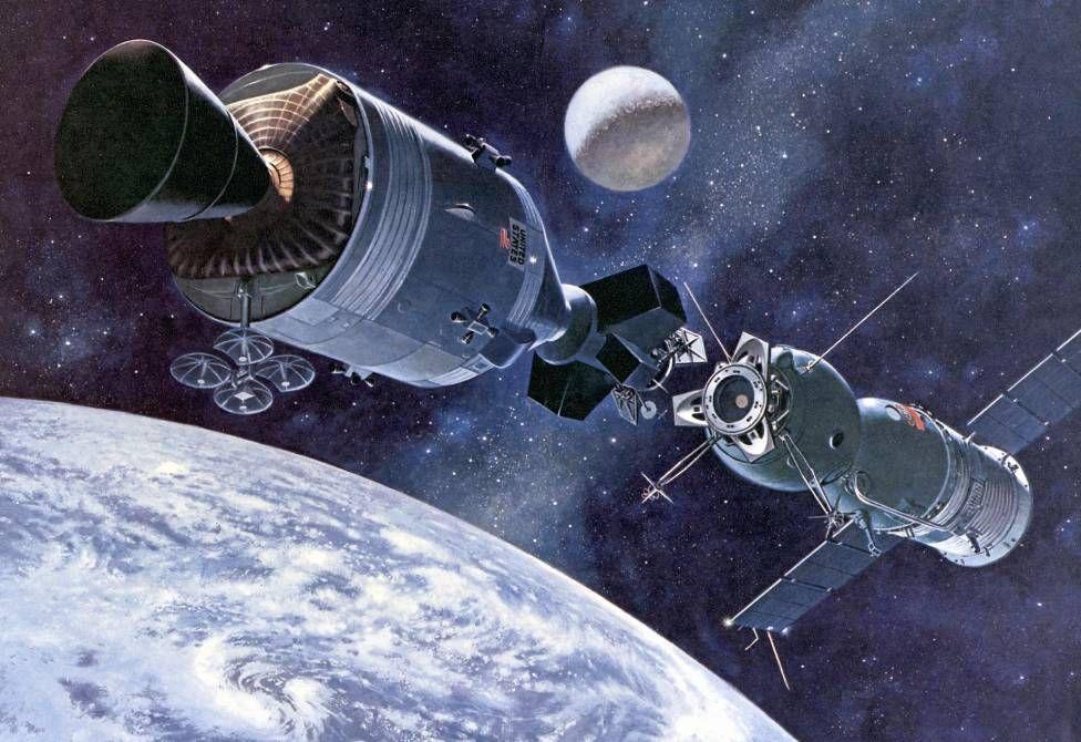 Ilustración artística del acoplamiento entre las naves Apollo y Soyuz