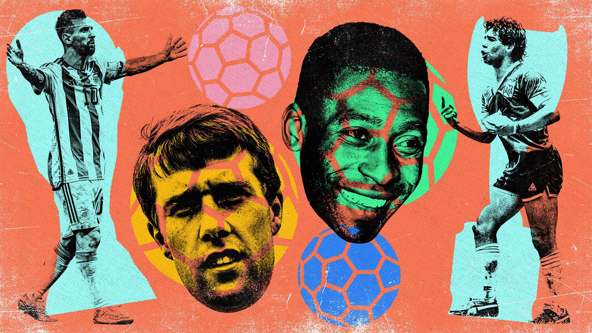 Un gráfico que muestra a Lionel Messi y a Maradona a cuerpo completo en ambos extremos de la imagen con rostros de Hurst y Pelé en medio. 
