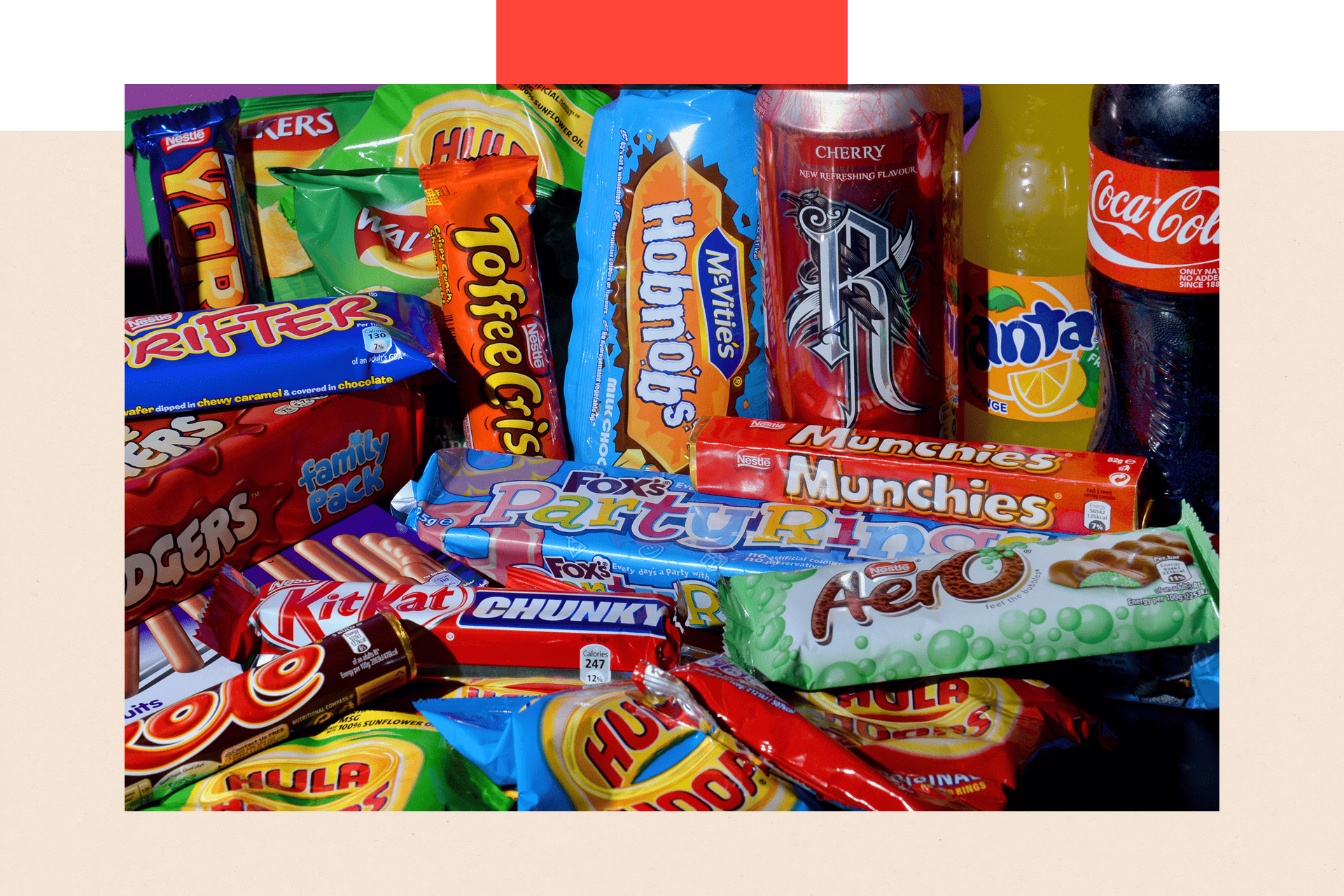 巧克力棒、薯片、餅乾和碳酸飲料