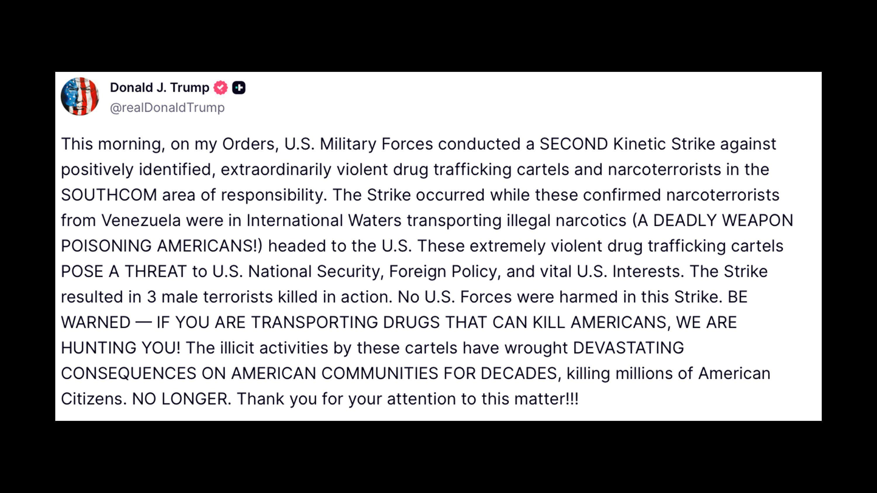 Postagem de Trump na rede Truth Social, que foi compartilhada no perfil oficial da Casa Branca no X. Na postagem, Trump diz, em inglês: 