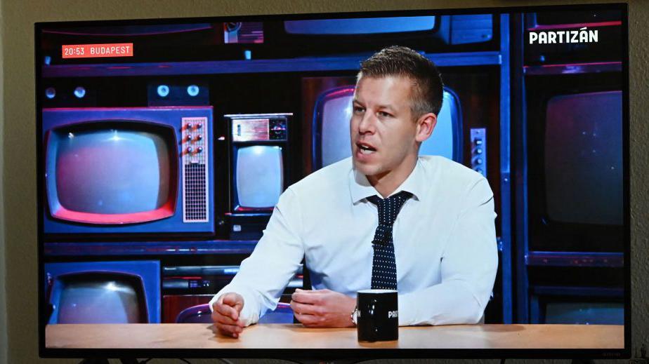 Peter Mađar tokom gostovanja na televiziji u Mađarskoj 14. februara 2024.