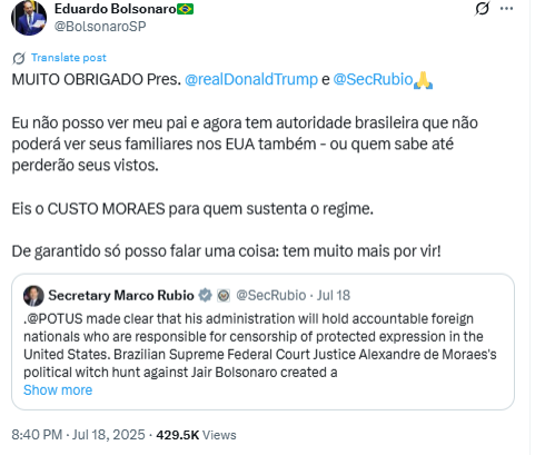 Tuíte de Eduardo Bolsonaro citado na denúncia da PGR em que o deputado escreve: