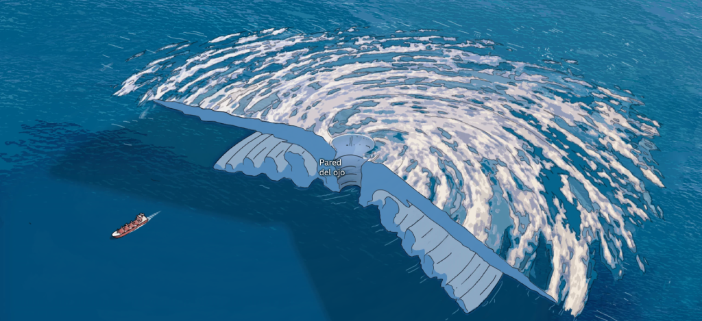 Gráfico con un huracán cortado por la mitad