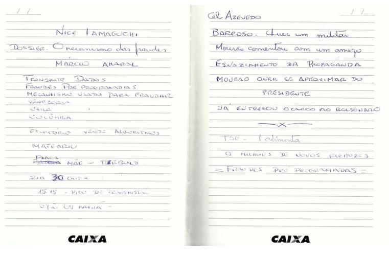 Duas páginas de caderno com logo da Caixa e anotações esparsas