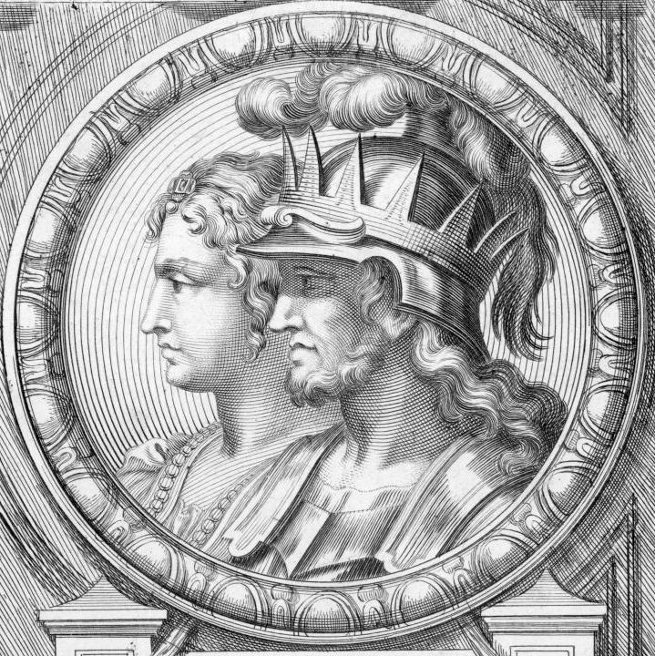 Representación en blanco y negro de los rostros de perfil de Urraca y Alfonso.