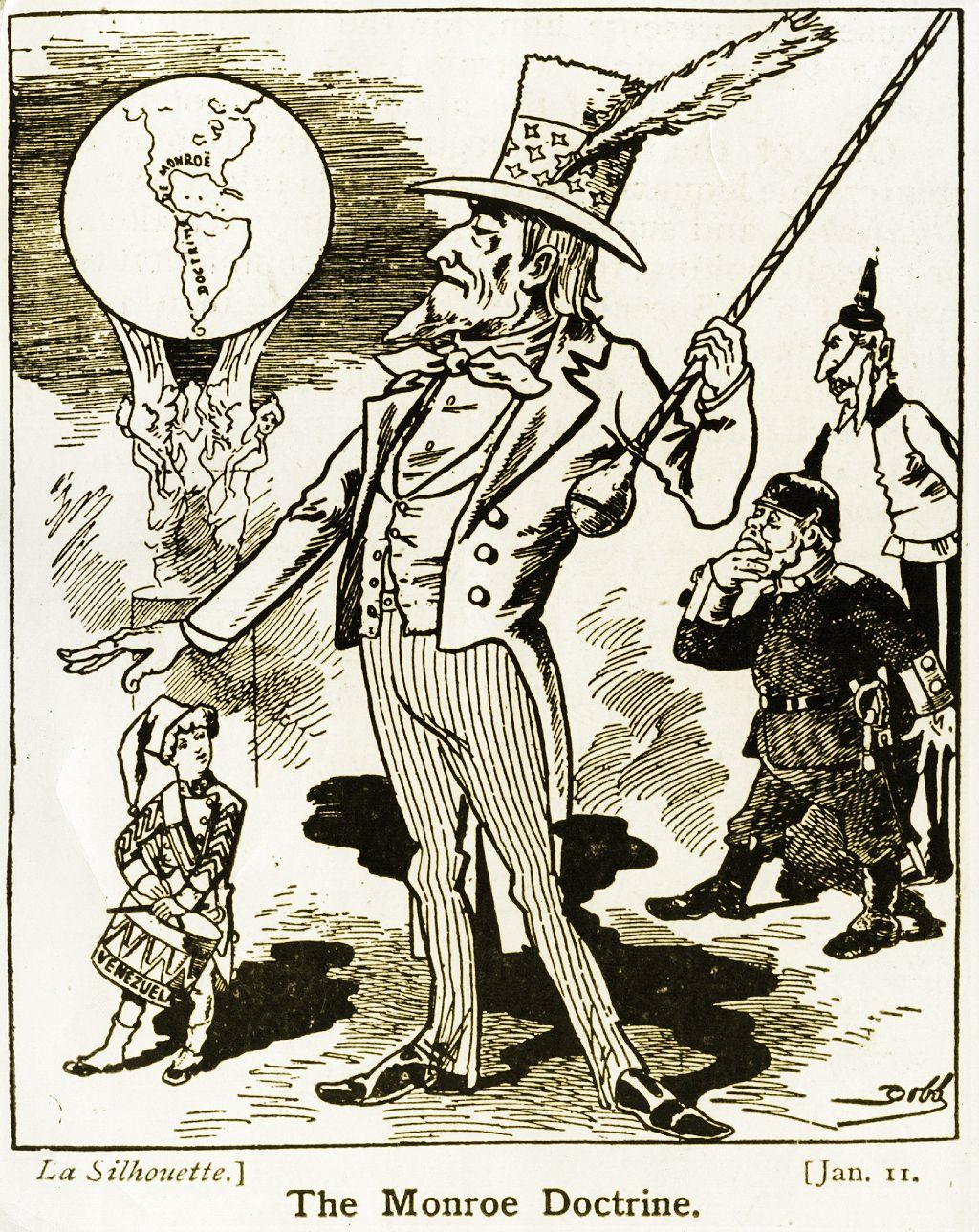 Una caricatura de Inglaterra, Estados Unidos, Alemania y el bloqueo venezolano. 
