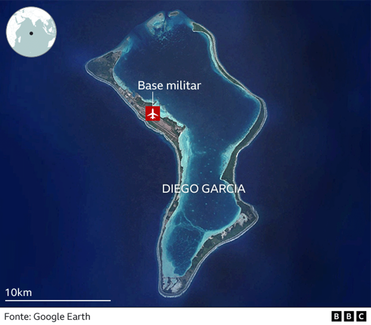 Mapa mostrando a localiza&ccedil;&atilde;o da base militar em Diego Garcia