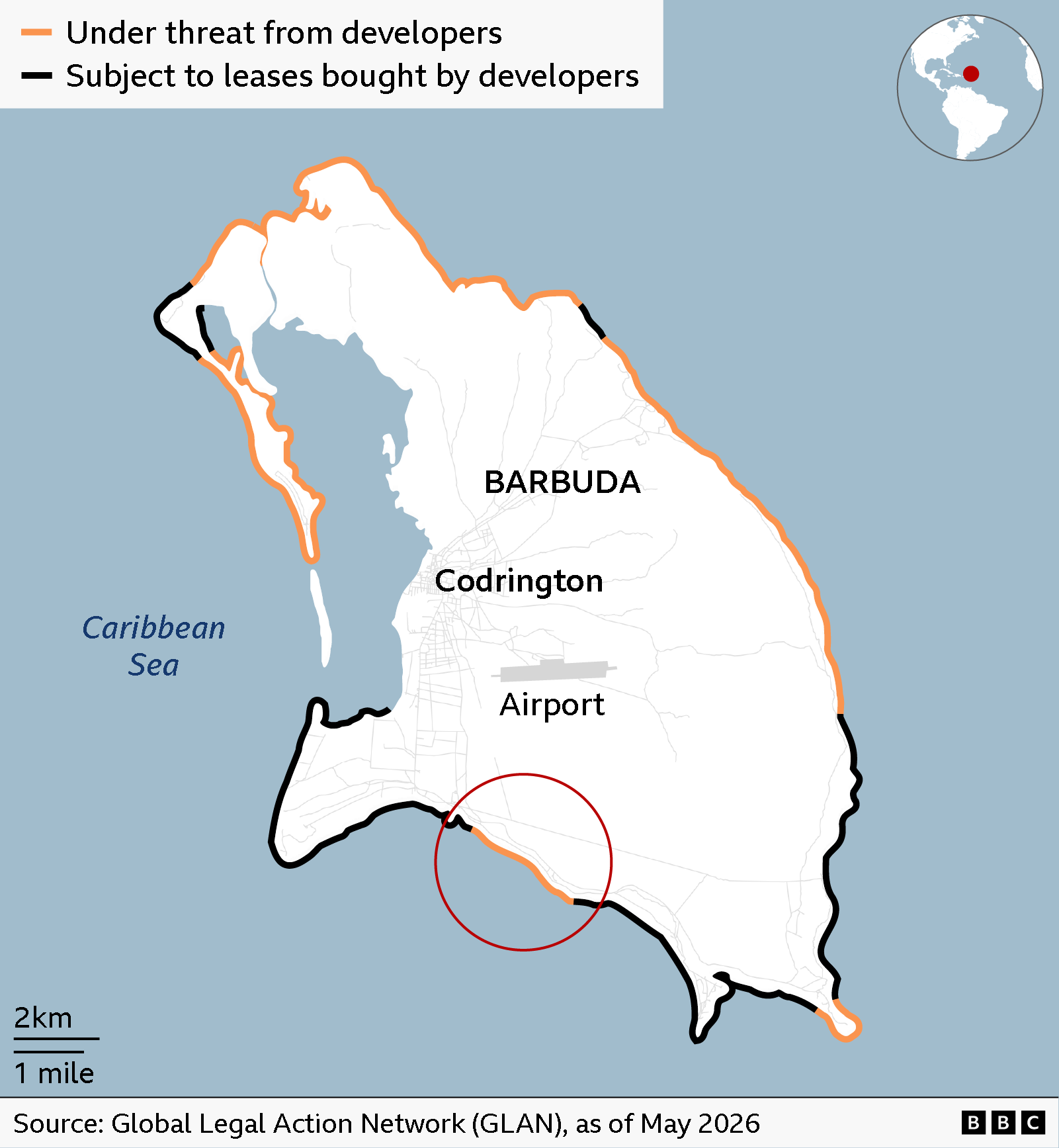 Mapa de la costa de Barbuda que muestra qué secciones están amenazadas por desarrolladores y cuáles ya están sujetas a arrendamientos.