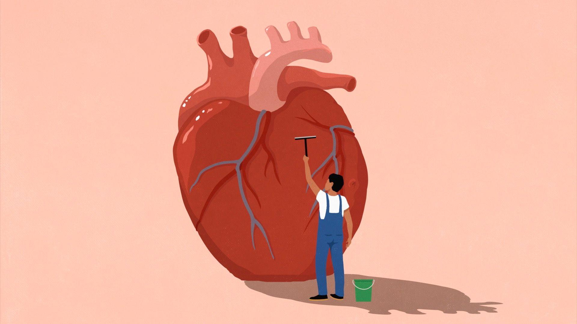 Illustration of a man with squeegee cleaning large heart