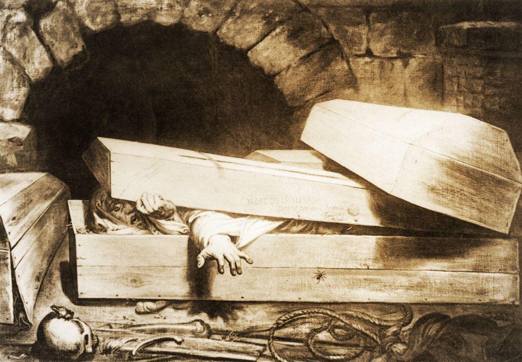 Un enfermo de cólera levantando la tapa de su ataúd, aterrado.