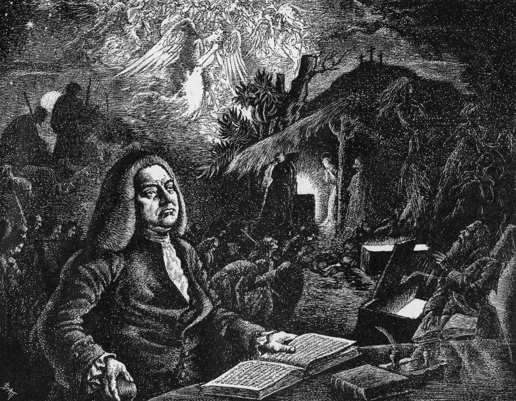 Ilustración del siglo XVIII de la supuesta inspiración divina que tuvo Handel para escribir "El Mesías".