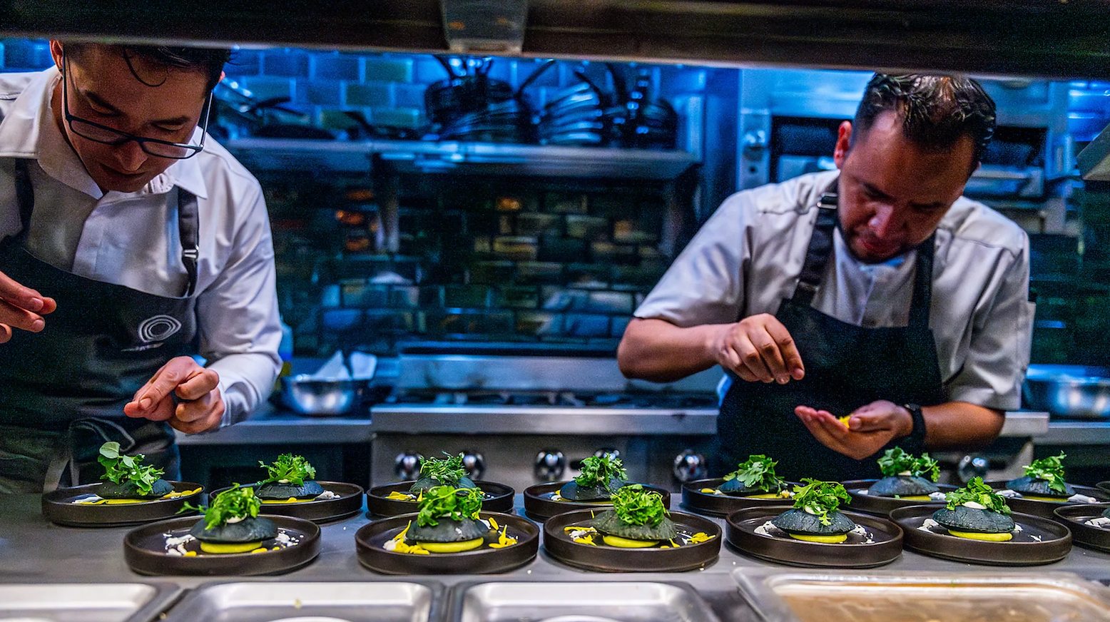 푸른빛이 감도는 주방 안, 긴 조리대 위에 접시들이 가지런히 놓여 있다. 두 명의 요리사가 집중한 표정으로 허브와 소스를 올리며 요리를 마무리하고 있다.