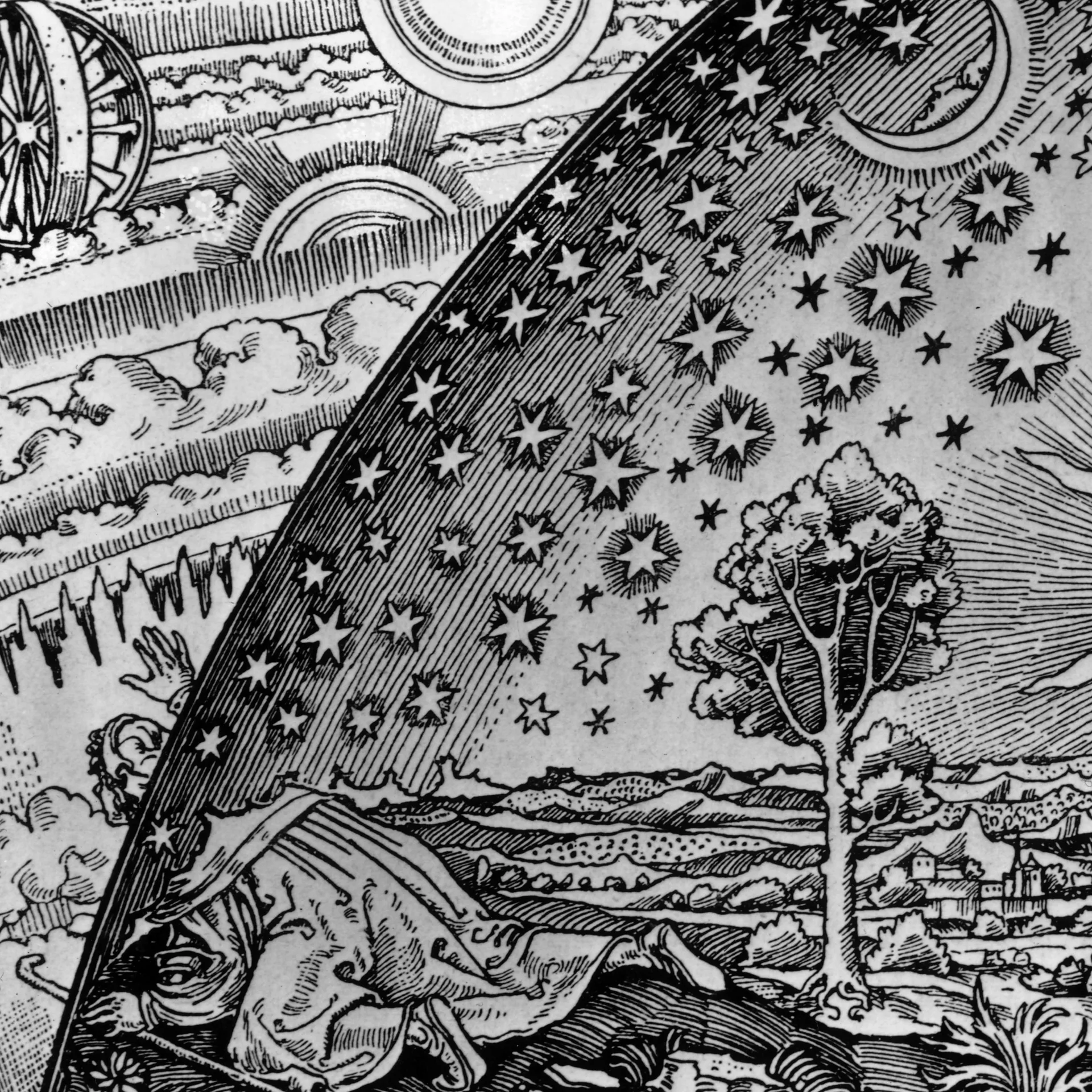 In this illustration attributed to the 19th Century, a man looks beyond the Earth to see the true workings of the wider Universe