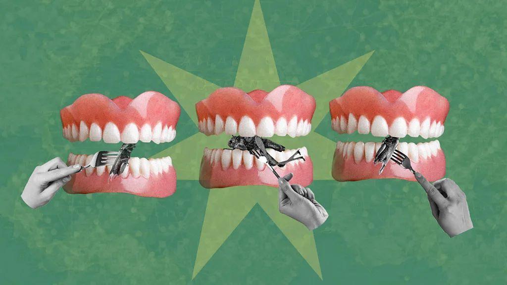 ilustracija tri zbune proteze i tri ruke koje viljuškom stavljaju insekte između zuba