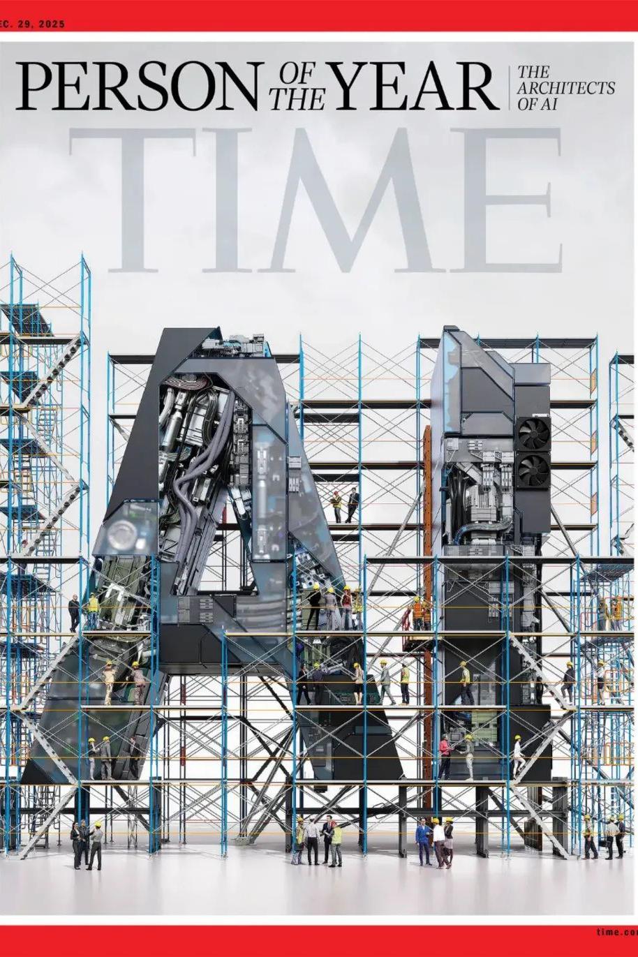 A outra capa da Time mostra as letras “AI”, com trabalhadores da construção ao redor. É como se eles estivessem construindo uma estátua gigante das letras usando peças de computador.