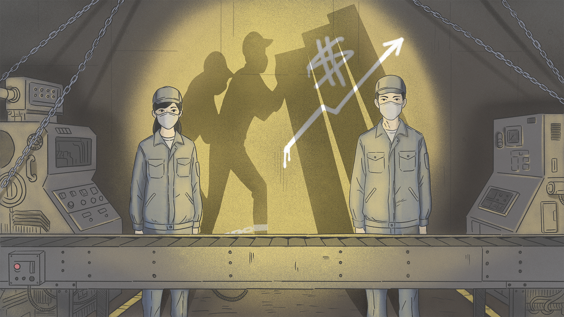 繪圖呈現台灣多數移工面臨被「債務」綁在強迫勞動系統中的困境。